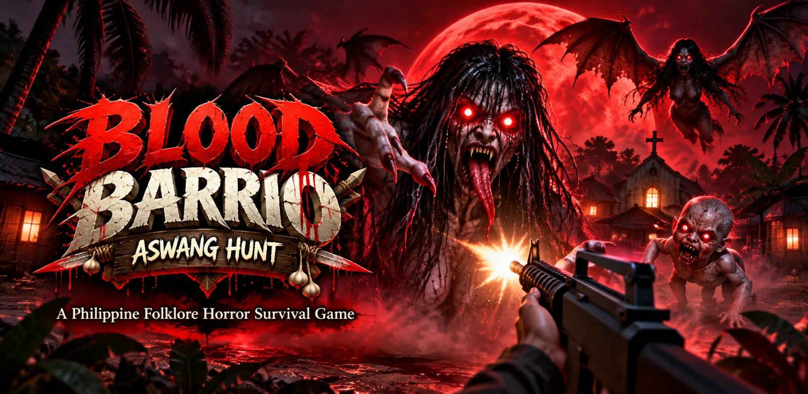 Blood Barrio artwork: an Aswang beneath a red moon