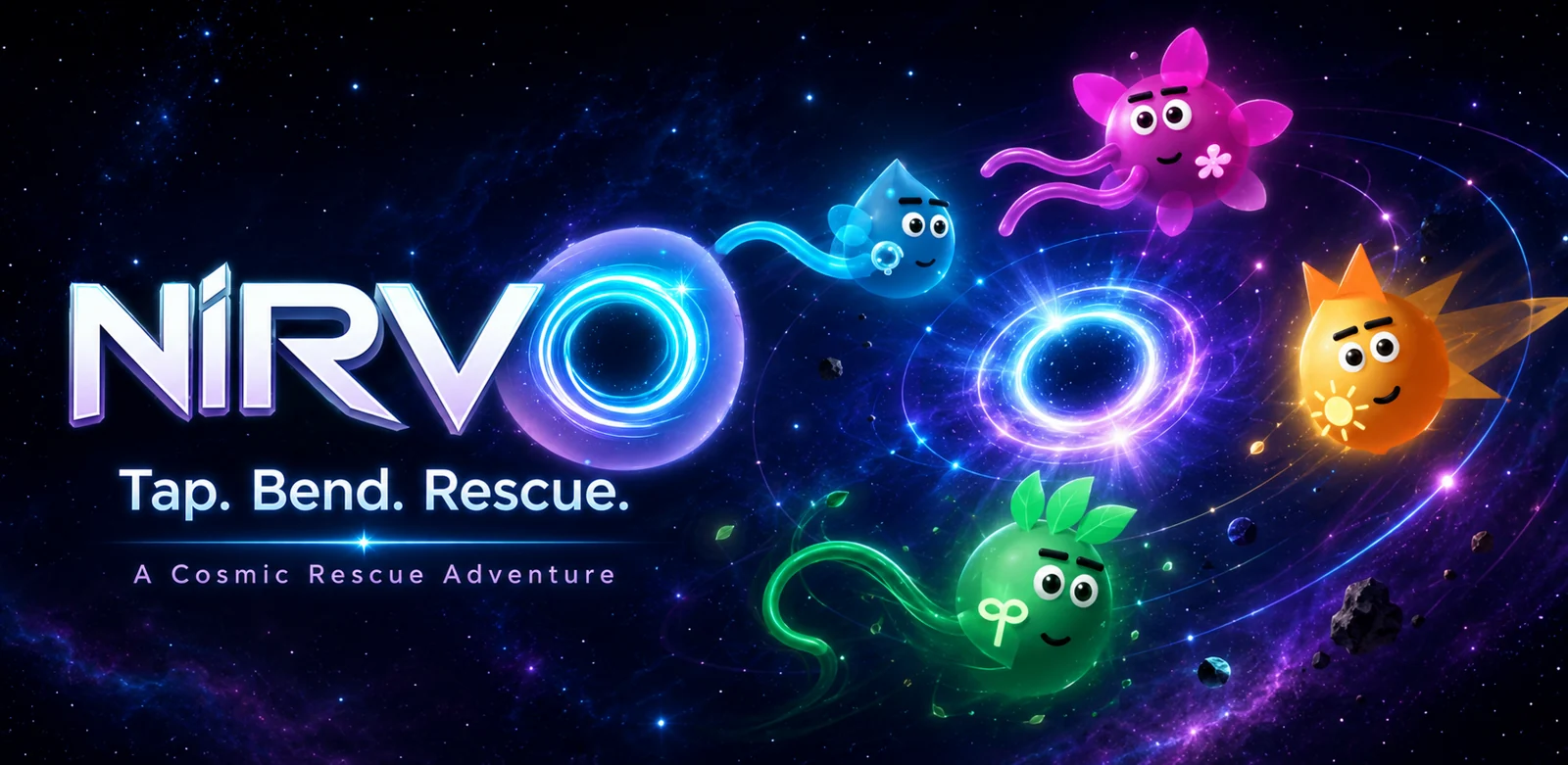 NIRVO: Galactic Rescue — colorful Nivi creatures in a cosmic world